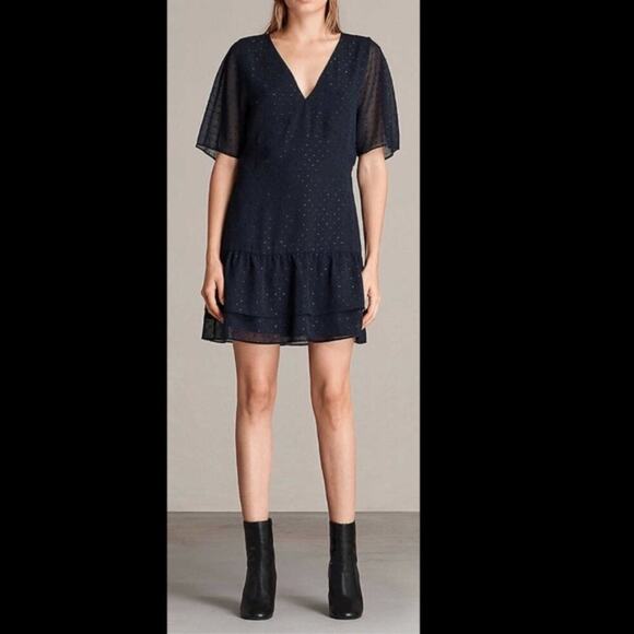 All Saints Dresses & Skirts - AllSaints Black Silver Metallic Lace Ruffle Mini Dress Size 8 Edgy Party